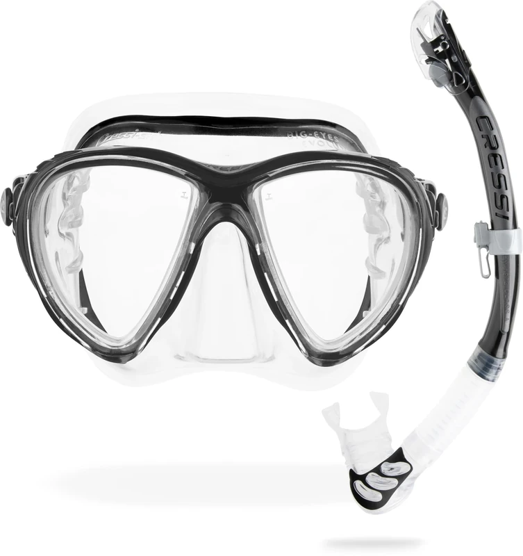 Cressi Big Eyes Evo & Alpha Ultra Dry Snorkel Set - Raked-Lens Diving Mask - Silicone Skirt Snorkel Mask - Dry-Top Technology Scuba Diving Gear - Clear/Black