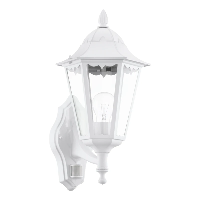 Eglo Navedo Outdoor Wall Light, Motion Sensor External Porch Lighting, White Cast Aluminium and Clear Glass Lantern, Exterior Lamp with E27 Socket, IP44
