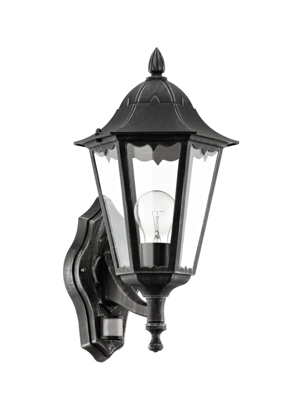 Eglo Navedo 1-Bulb Outdoor Wall Lamp, 6 Panel Lantern incl. Motion Detector, Made of Cast Aluminium and Glass, Colour: Black, Silver Patina, Socket: E27, IP44