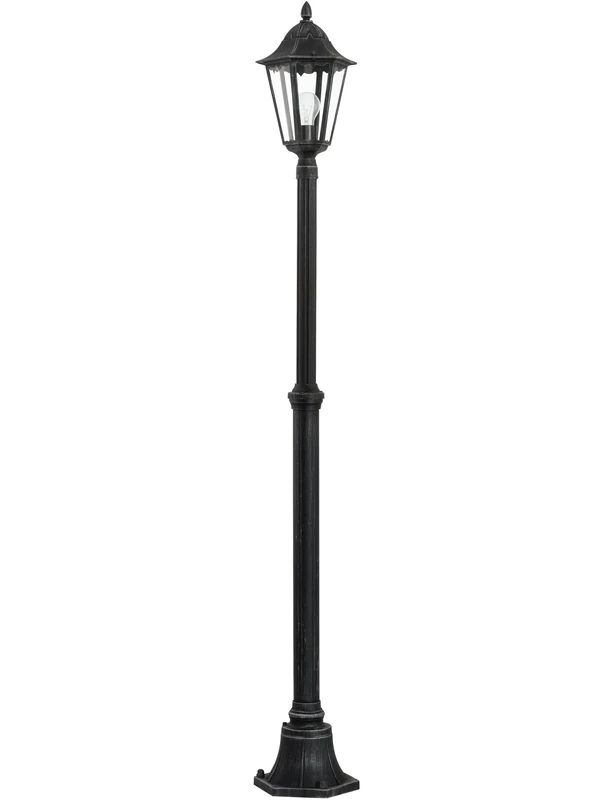 Eglo Navedo Outdoor Floor Lamp, 6 Panel Lantern Lights Made in Cast Aluminium and Glass, Coloured in Black and Silver-Patina, E27 Socket, H:200cm, IP44