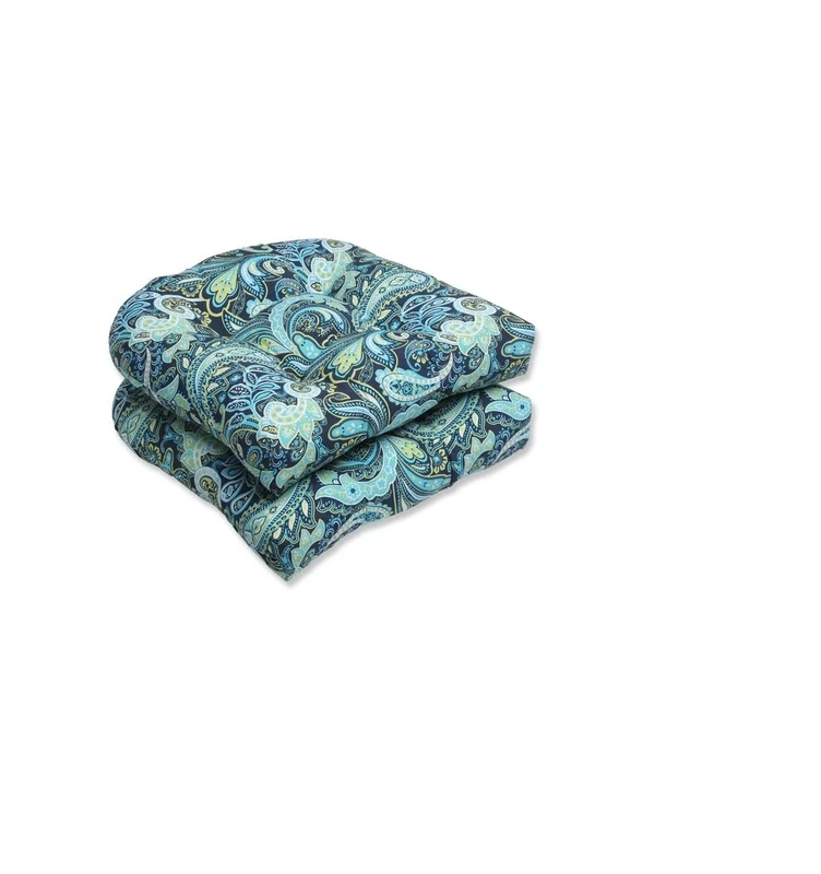 Pillow Perfect Paisley Indoor/Outdoor Chair Seat Cushion, Tufted, Weather, and Fade Resistant, 19" x 19", Blue/Green Pretty, 2 Count