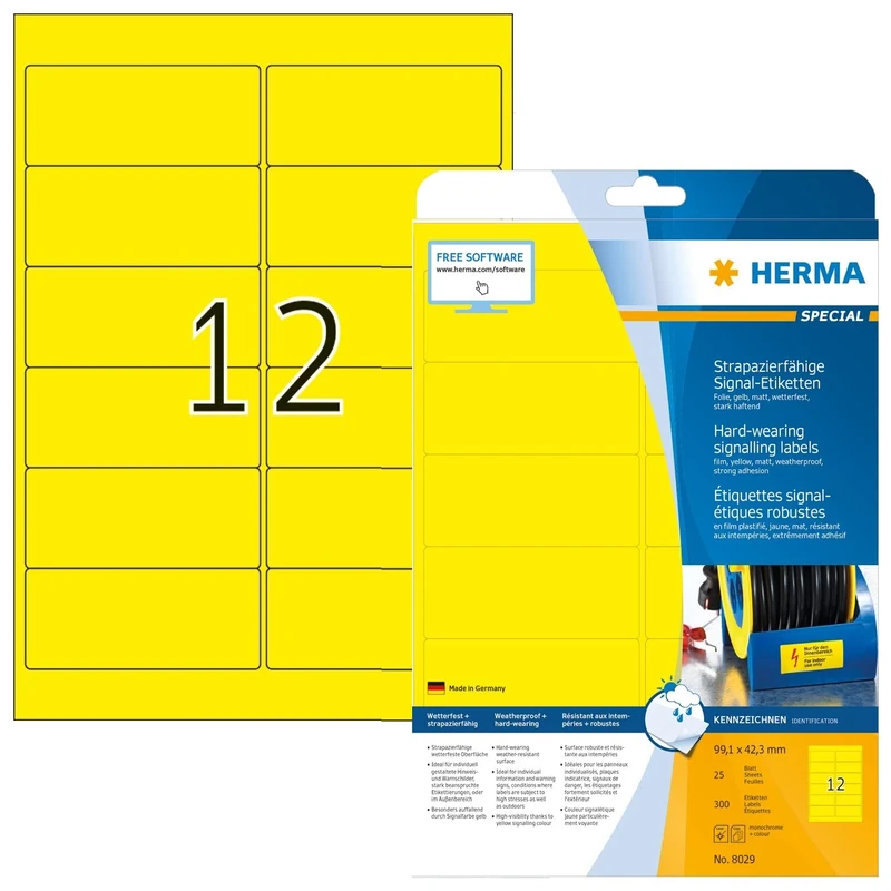 HERMA Self Adhesive Film Labels, 12 Labels per A4 Sheet, 25 Sheets, 99.1 x 42.3 mm, 300 Labels, Blank Weatherproof Labels Stickers, Sticky Labels for Laser & Inkjet Printer, Yellow