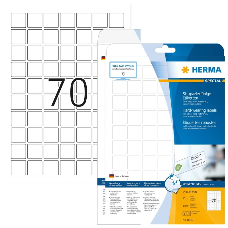 HERMA Self Adhesive Film Labels, 70 Labels per A4 Sheet, 25 Sheets, 24 x 24 mm, 1750 Labels, Blank Weatherproof Labels Stickers, Sticky Labels for Laser & Inkjet Printer, White