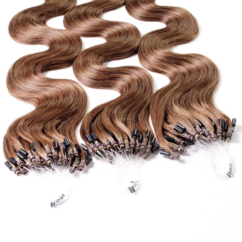 Hair2Heart 200 x 1g Microring Loop Extensions, - 20", colour #8 chopper brown, wavy