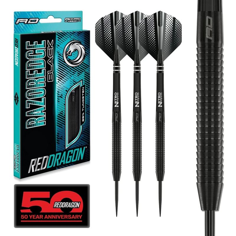 RED DRAGON Razor Edge Black Darts Set – 85% Tungsten Professional Steel Tip Darts | 20g, 22g, 23g, 24g, 26g, 28g | Pro Dart Set with Flights & Shafts