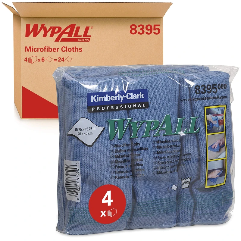 WypAll Microfibre Cloths 8395 - 4 carry packs x 6 blue, 40 x 40cm cloths, (24 total)