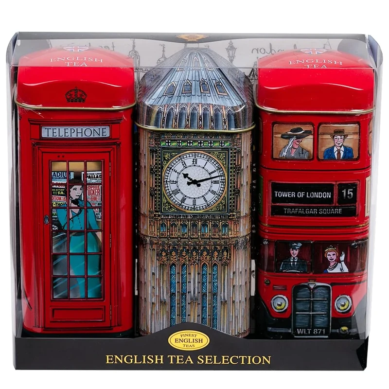 New English Teas English Icons 3x Tea Tin Gift Pack with 42 Traditional Teabags - Big Ben, London Bus and Phone Box, UK Souvenir