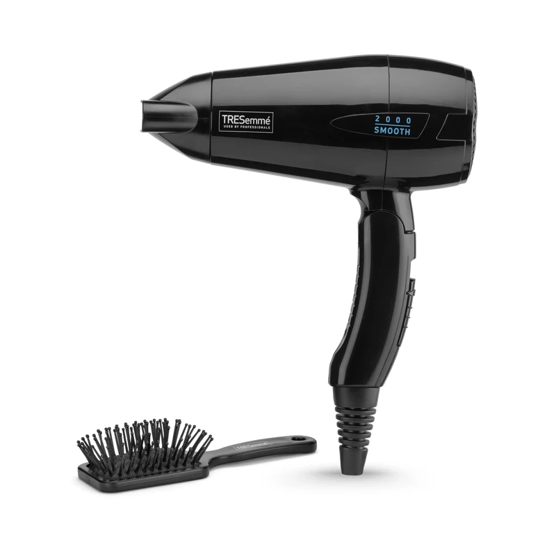 TRESemme Smooth Lustre Folding 2000 Travel Dryer, lightweight 2000W hair dryer with folding handle, includes mini hairbrush, dual voltage for worldwide use, 5549U