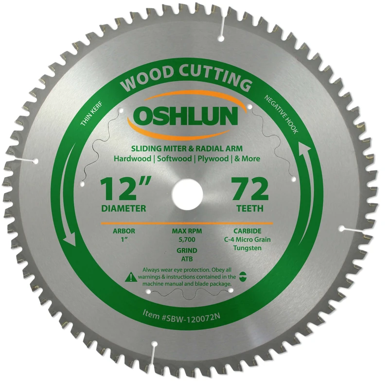 Oshlun SBW-120072N 12-Inch 72 Tooth Negative Hook Thin Kerf Finishing ATB Saw Blade with 1-Inch Arbor for Sliding Miter and Radial Arm Saws