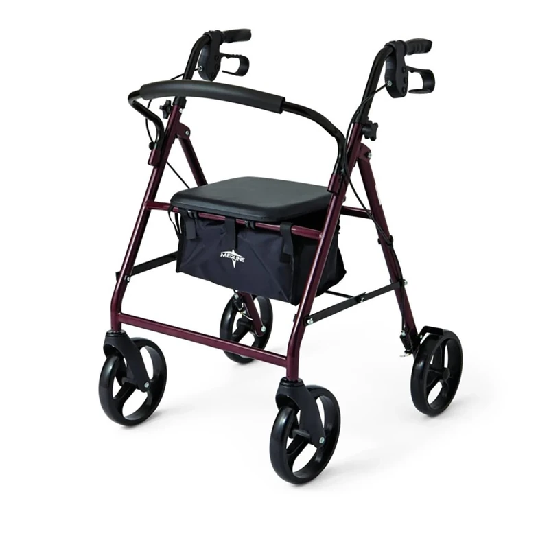 Medline Standard Adult Steel Folding Rollator Walker Aid with 8 Inch Wheels, Red
