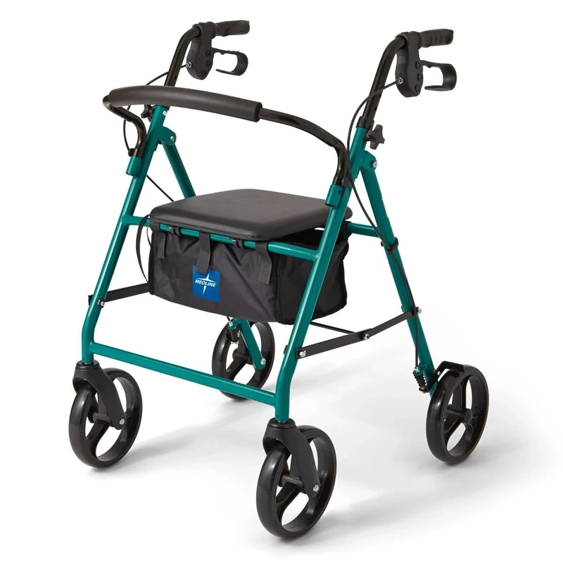 Medline Standard Steel Folding Rollator Walker with 8" Wheels, Supports up to 350 lbs, Green