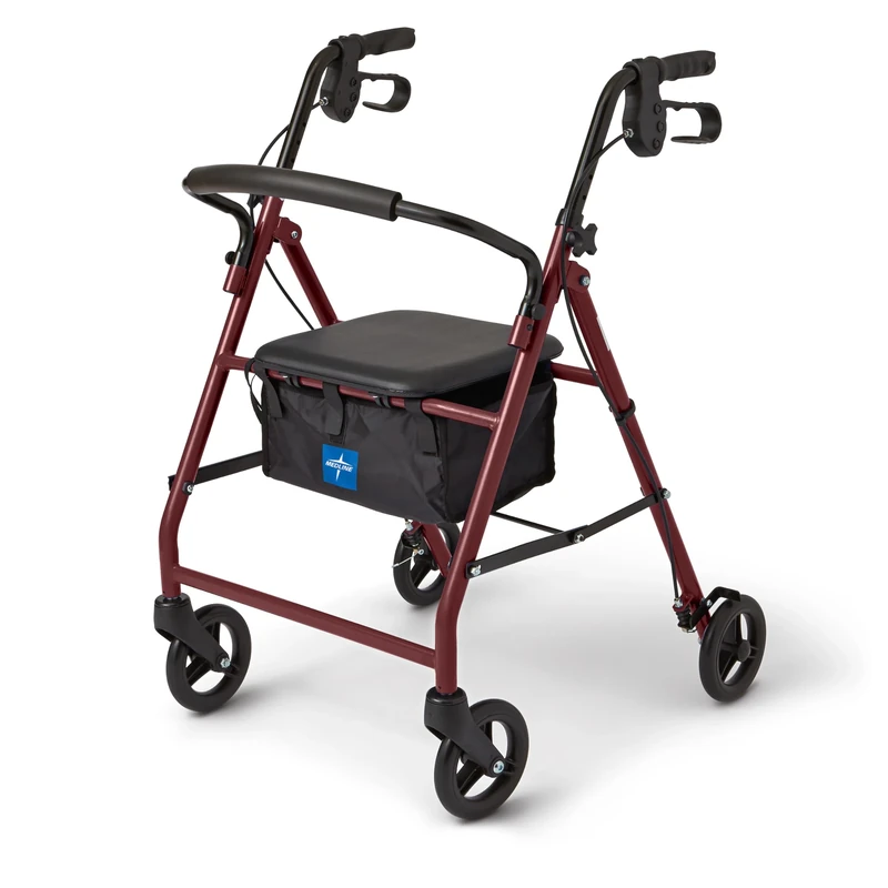 Medline Steel Foldable Adult Rollator Mobility Walker with 6” Wheels, Burgundy