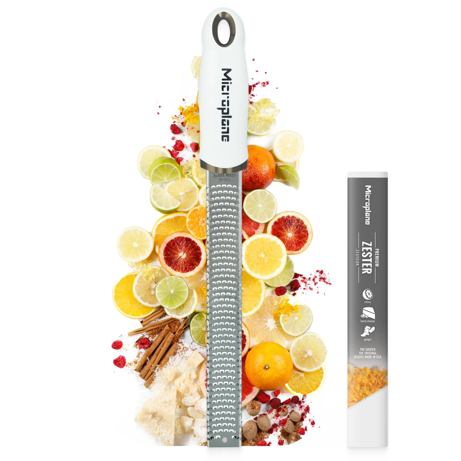 Microplane Zester Grater in White for Citrus Fruits, Hard Cheese, Ginger, Chocolate and Nutmeg with Fine Stainless Steel Blade - Made in USA
