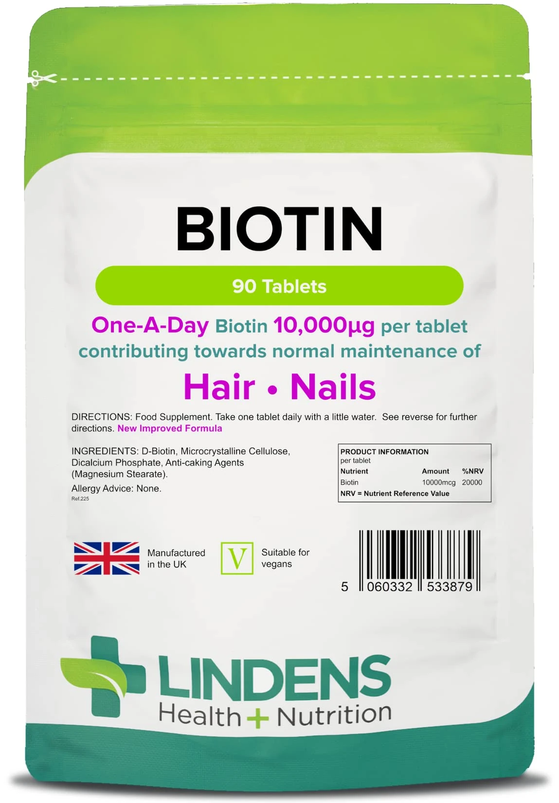 Lindens - Biotin 10,000mcg - 90 Tablets - UK Made - Maintenance of Normal Hair, Skin & Nail, Normal Metabolism - Ultra-Potent 20000% NRV Strength - Letterbox Friendly