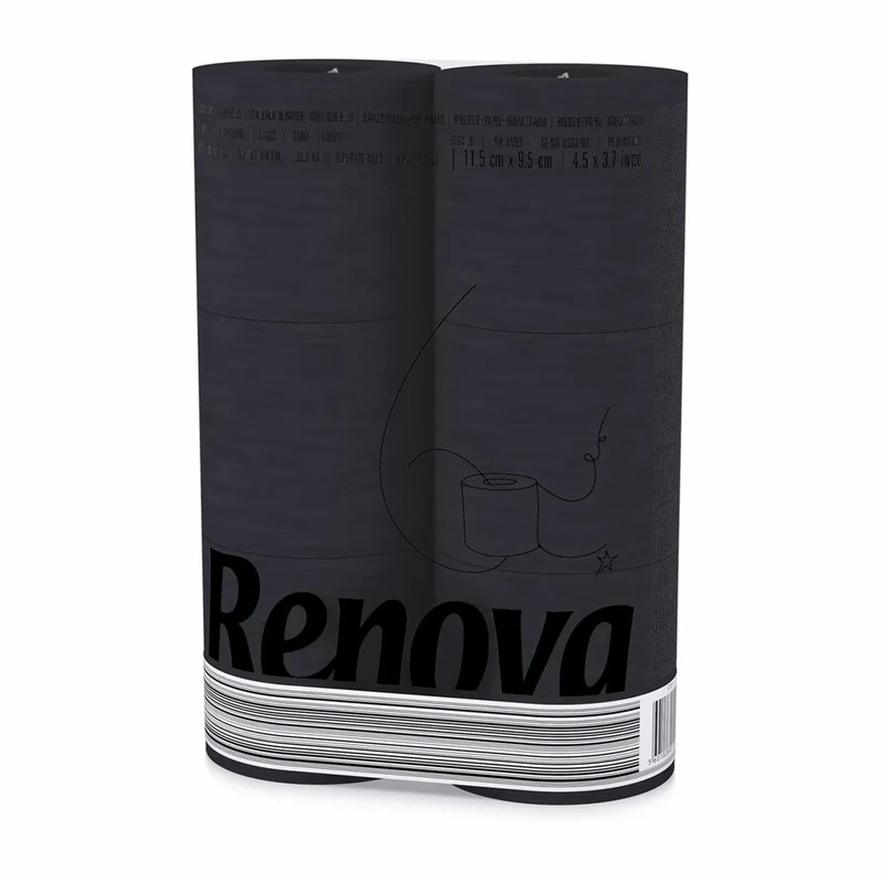 Renova 6 Pack Black Toilet Paper Black Luxurious Soft and Absorbent Bathroom Tissue – 6 Roll Pack with 140 Sheets Per Roll, Dermatologically Tested, Colorfast Design, Premium Quality Virgin Pulp - Image 1