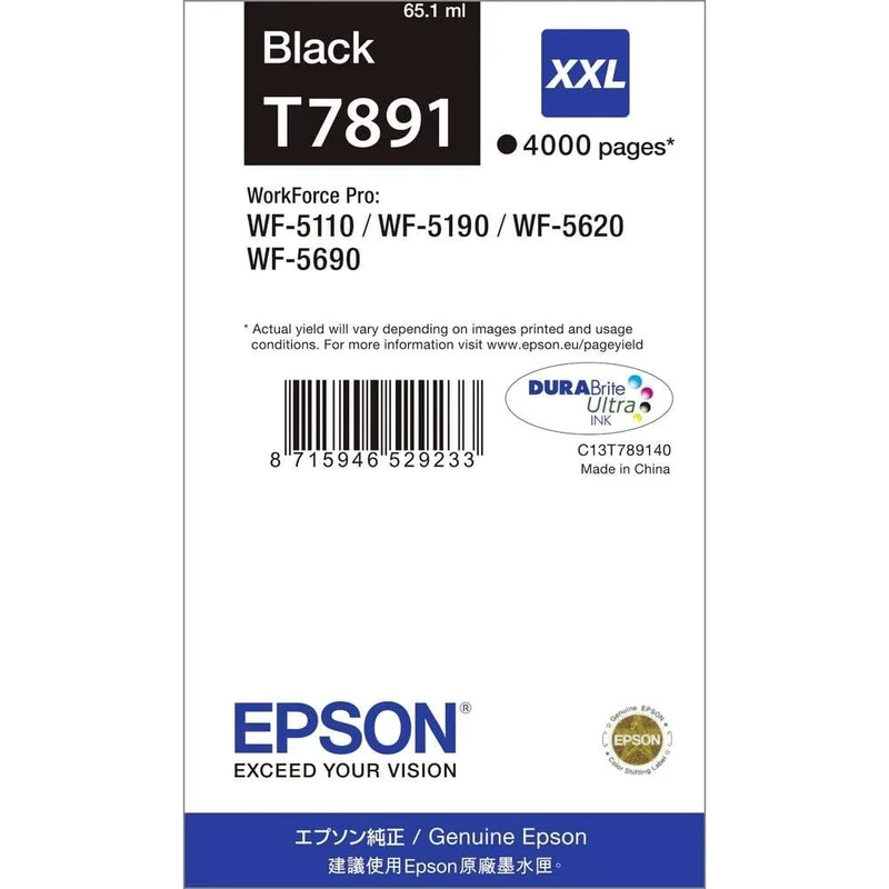 Epson T7891 Black Genuine, XXL High Yield Ink Cartridge DuraBrite Ultra