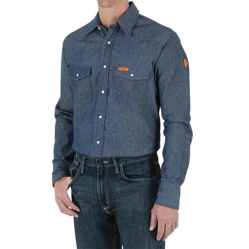 Wrangler Men's Fr Flame Resistant Western Long Sleeve Two Pocket Snap Shirt Work Utility Button, Indigo, 3X