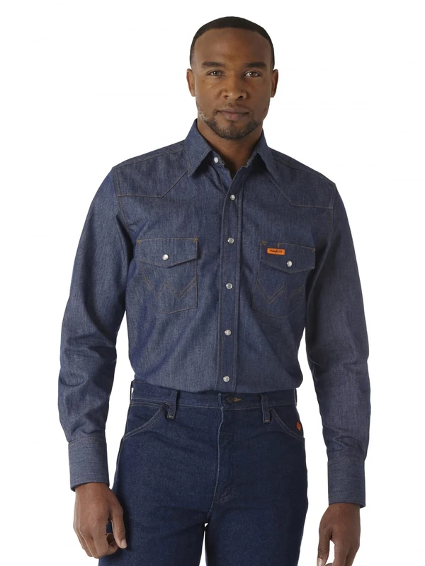 Wrangler Men's Big & Tall Flame Resistant Western Two Pocket Snap Shirt, Denim, LT