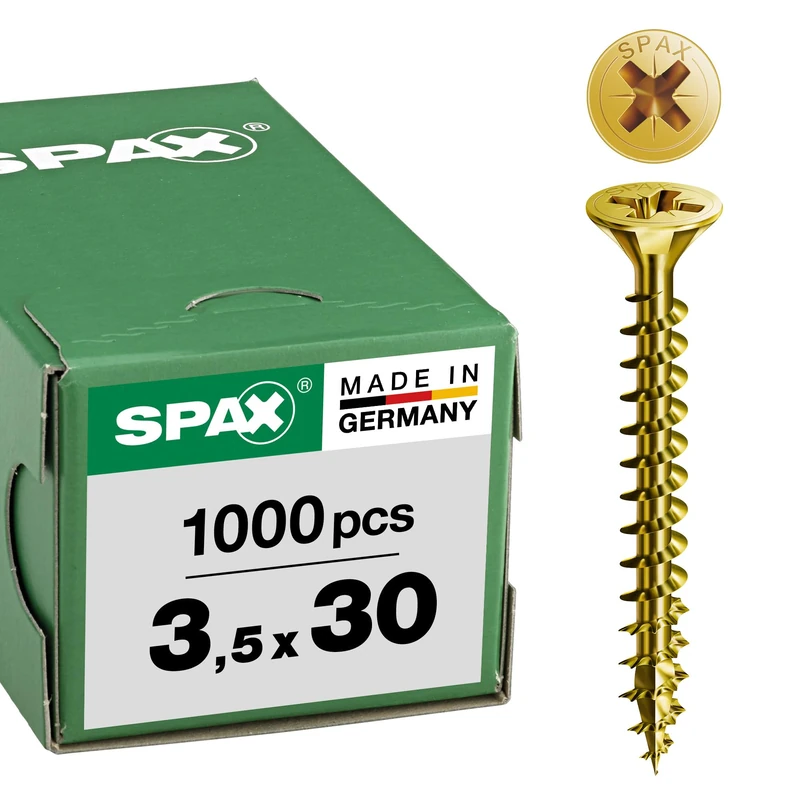 SPAX Universal screw, 3,5 x 30 mm, 1000 pieces, full thread, flat countersunk head, cross recess Z2, 4CUT, YELLOX - 1081020350305