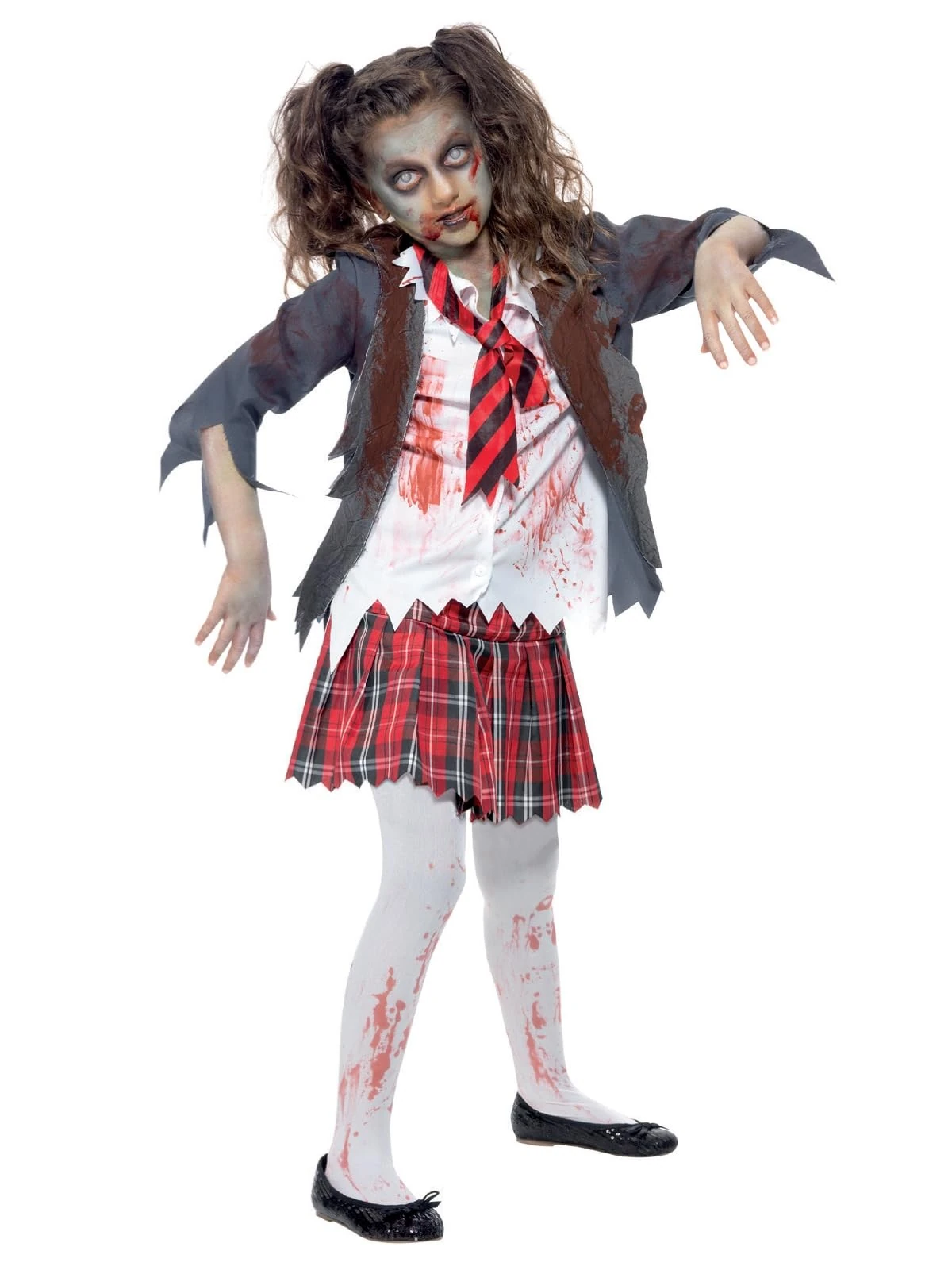 Smiffys Zombie School Girl Costume, Grey with Skirt, Jacket, Mock Shirt & Tie, Halloween Child Fancy Dress, Zombie Dress Up Costumes
