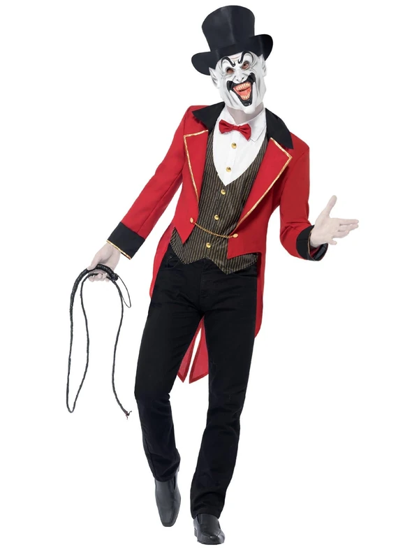 Smiffys Sinister Ringmaster Costume, Red with Jacket, Mock Shirt, Mask & Top Hat, Halloween Cirque Sinister Fancy Dress, Adult Dress Up Costumes, World Book Day