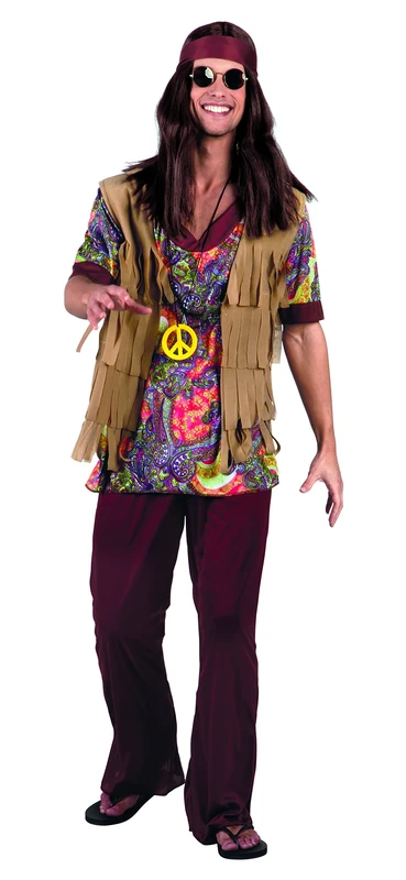 1960s Hippy Mens Fancy Dress Retro Groovy 60s Hippie Adults Costume Outfit
