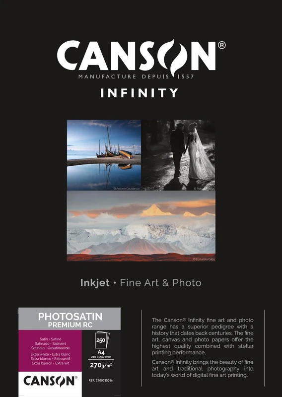 CANSON Infinity Satin Premium RC Photo Paper, 270gsm A4 250 Extra White Satin Sheets, Ideal for Professional Photographers