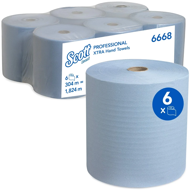 Scott® Rolled Paper Hand Towels 6668 – Blue 1-Ply Paper Towels for Efficient Hand Drying in High-Use Areas – 6 Rolls x 304m (1,824m Total)