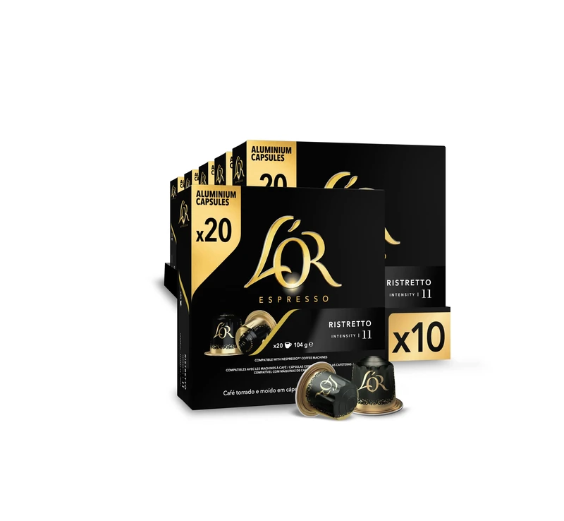 L'Or Espresso ristretto Intensity 11-20 Aluminum Capsules Nespresso Machines Compatible 104g (10 packs of 20),package may vary
