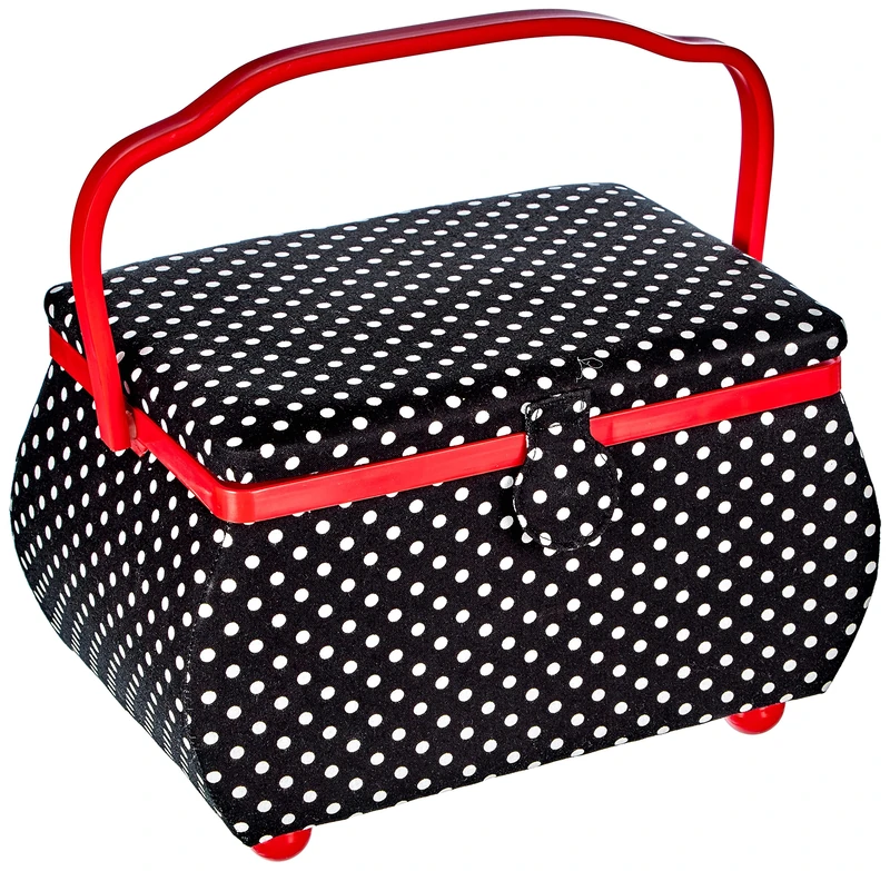 Prym Black & White Polka Dot Fabric with Red Trim Shaped-Handle Sewing Basket-Large, Cotton, 32x20.5x20 cm, 612246-1