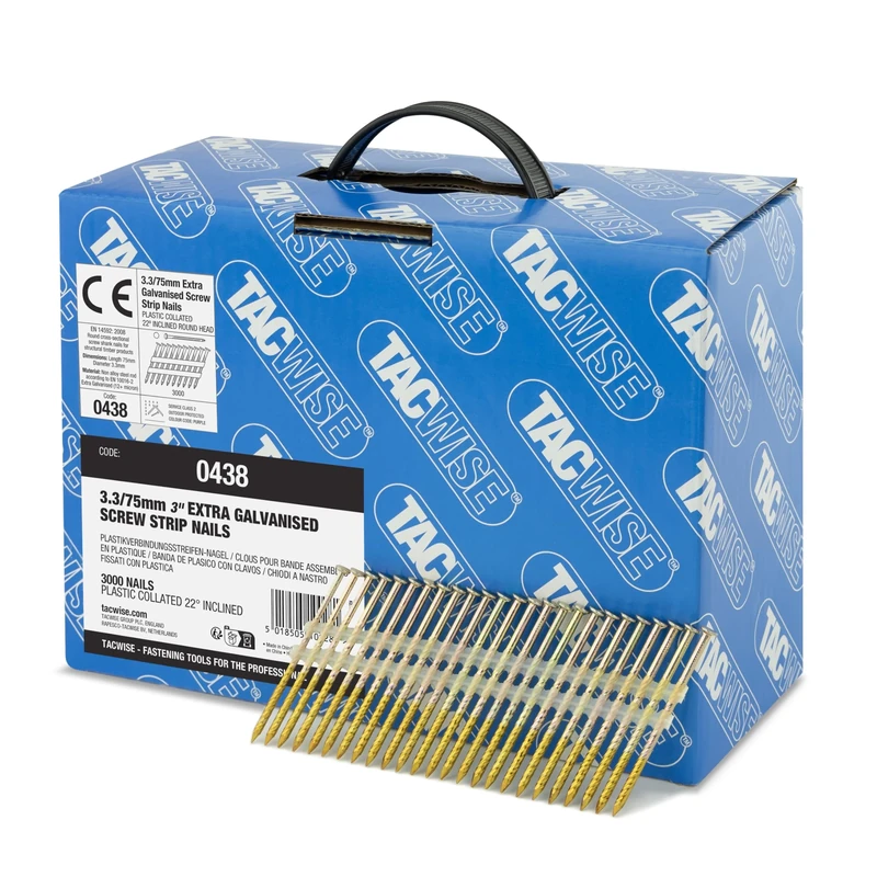 Tacwise 0438 Extra Galvanised Framing Nails 3.3 / 75 mm, Round Head, Screw Shank, 22° Inclined, Plastic Collated, Pack of 3000
