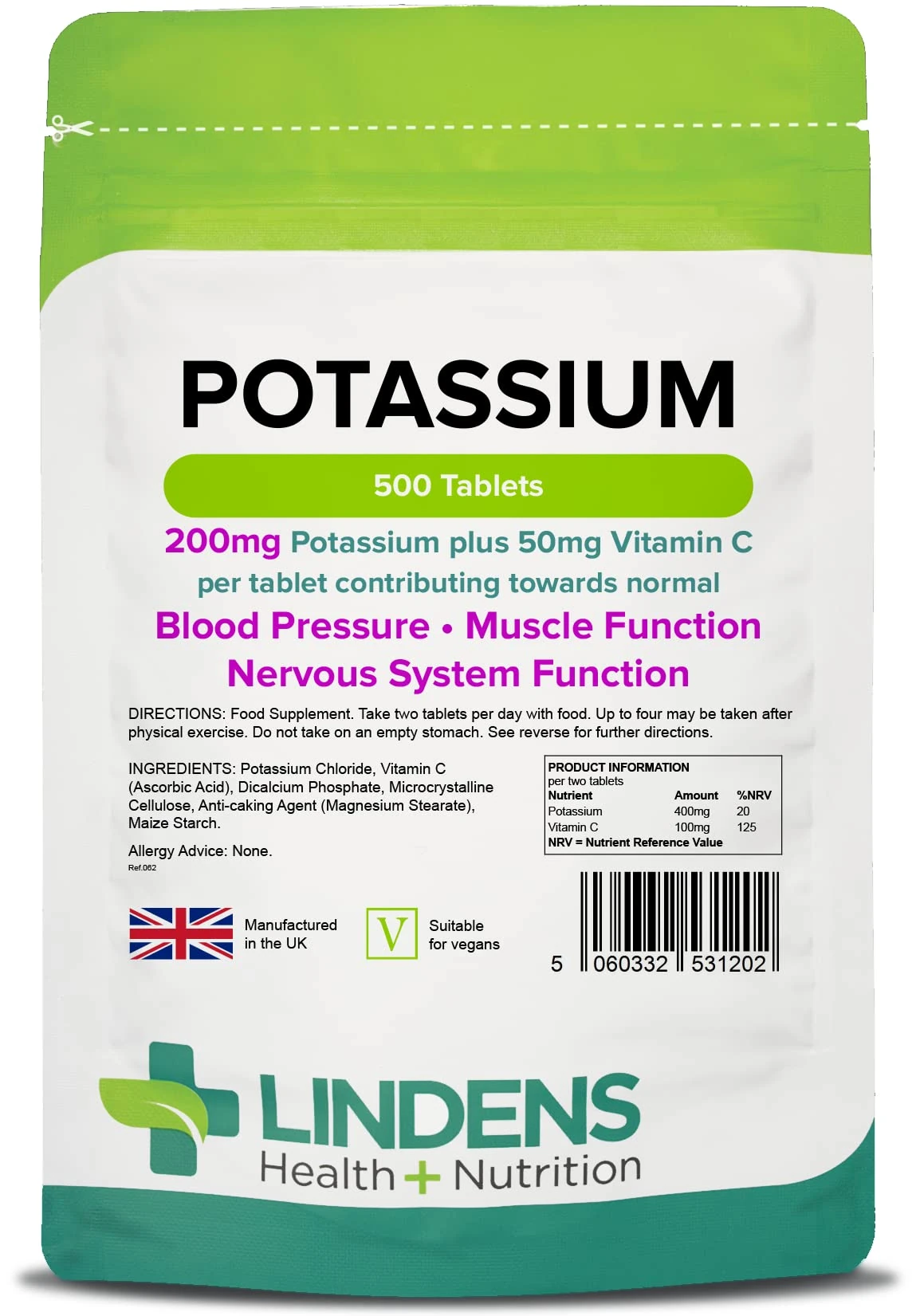 Lindens - Potassium 200mg, 500 Tablets - with 50mg Vitamin C Per Tablet - UK Made - Contributing to Normal Blood Pressure, Muscle and Nervous System Function - Letterbox Friendly, Vegan