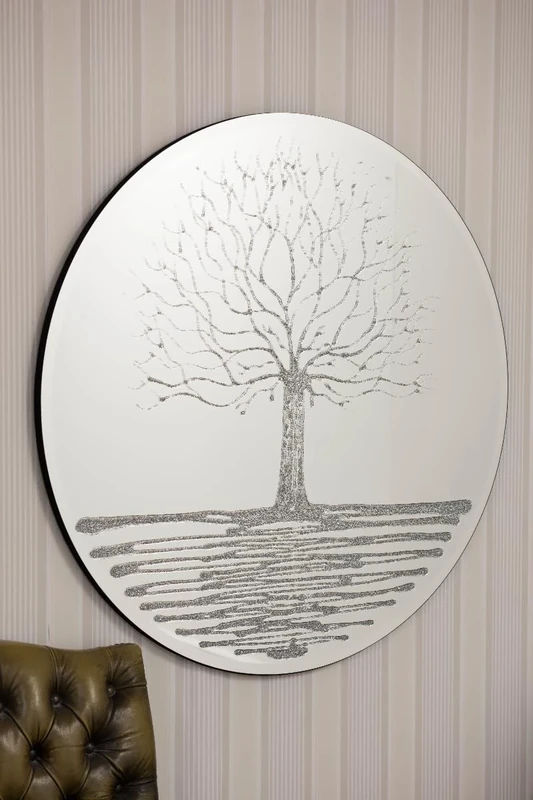 Large Frameless Round Wall Mirror Liquid Glass Glitter Tree Design 3ft4 (100cm)