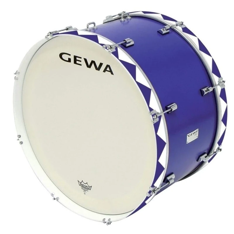 GEWA marching drum large, poplar shell, blue with historical tension hoops, 26 x 14", 8 tension rods, Remo USA heads, incl. hook for strap or carrier