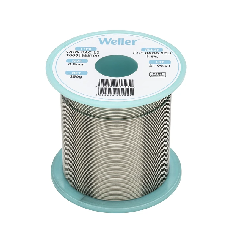 Weller WSW SAC L0 (T0051388799) Lead Free Solder Wire, Ø 0.8mm, Alloy Sn96.5Ag3.0Cu0.5, Flux content 3.5%, 250g