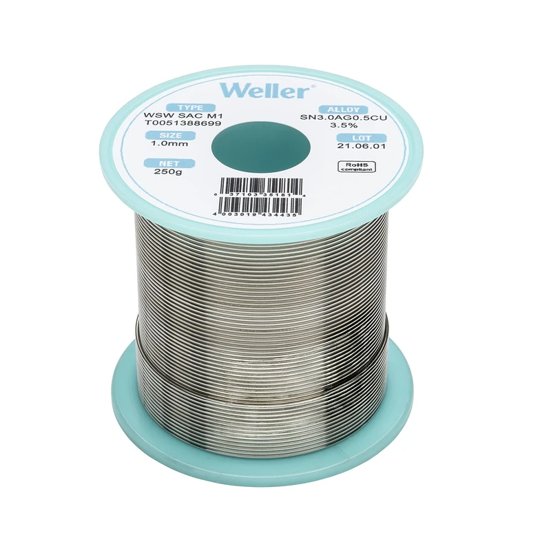 Weller WSW SAC M1 (T0051402499) Lead Free Solder Wire, Ø 1.0mm, Alloy Sn96.5Ag3.0Cu0.5, Flux Content 3.5%, 100g, Silver