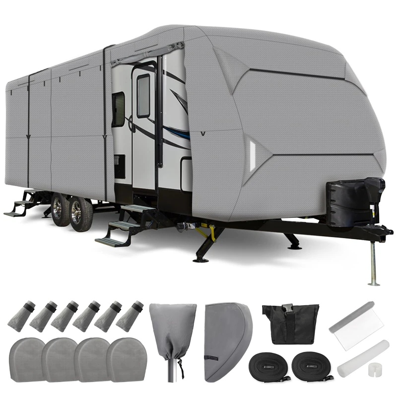 Leader Accessories Windproof Upgraded 14'-16' Travel Trailer RV Cover Camper Cover 4 Layers Top With Adhesive Repair Patches Outdoor Protect