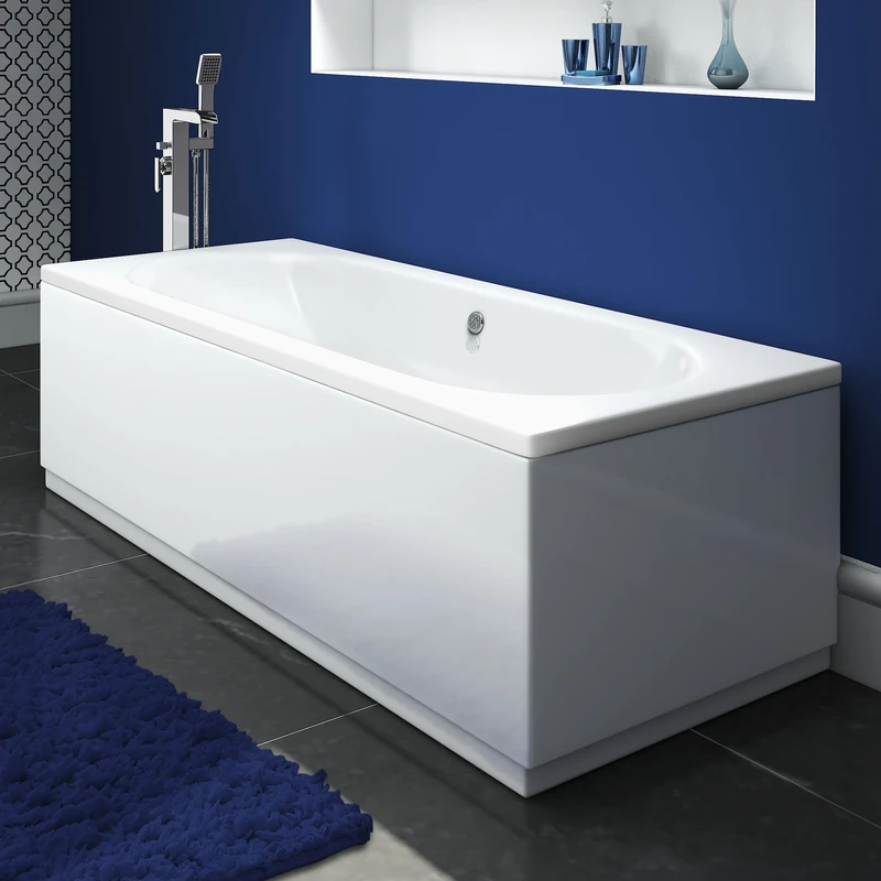 IBathUK Bathroom White Gloss Bath Double Ended Straight Round Acrylic Bathtub with Adjustable Feet - 1800 x 800mm