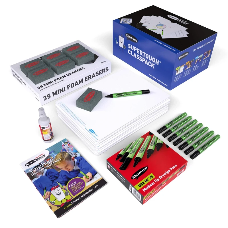 Show-me A4 Supertough Whiteboard Class Pack – 35 Student Lapboards with Dry-Erase Pens & Mini Erasers, Durable Reusable Classroom Set