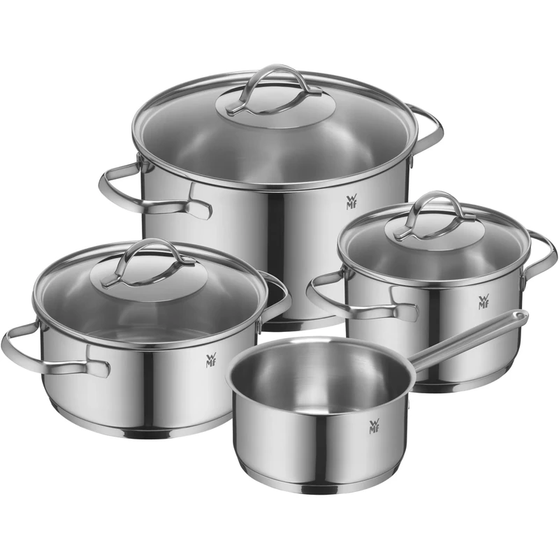 WMF Pot Set 4-Piece Provence Plus Pouring Rim Glass Lid Cromargan® Stainless Steel Polished Suitable for Induction Hobs Dishwasher-Safe, Silver, 52.7 x 28.8 x 21.8 cm