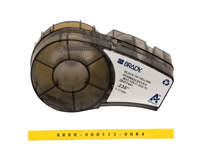 Brady PermaSleeve Heat-Shrink Polyolefin Label Tape for Label Printers M210 & M211 - Electrical Labelling, Wire and Cable Labelling - Black on Yellow (6.00 mm x 2.10 m) - M21-125-C-342-YL