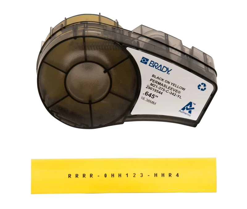 Brady PermaSleeve Heat-Shrink Polyolefin Label Tape for Label Printers M210 & M211 - Electrical Labelling, Wire and Cable Labelling - Black on Yellow (16.40 mm x 2.10 m) - M21-375-C-342-YL