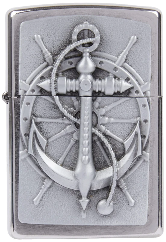 Zippo - Windproof Lighter, 200 Nautical Emblem, Brushed Chrome, Refillable, Reusable, Windproof Design, Gift Box, Made in the USA
