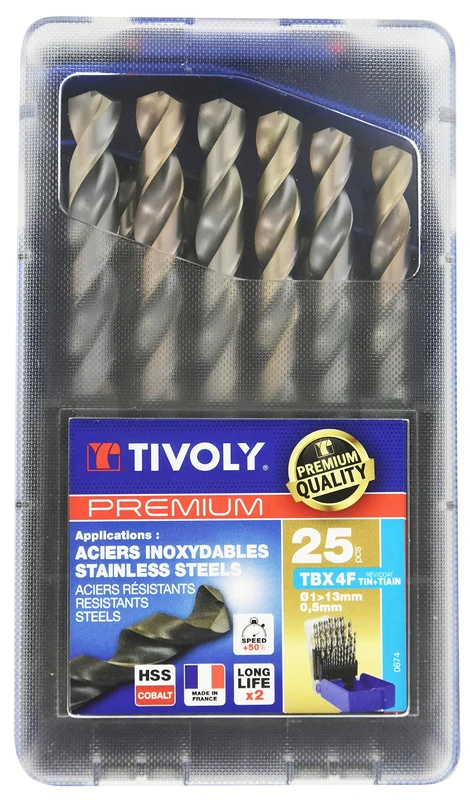 TIVOLY 11456170017 Set G of 25 Premium Tbx 4f HSS Cobalt Revetu Blade, 4 Sided Sharpening, Contains Diameter 1 to 13 mm per 1/2