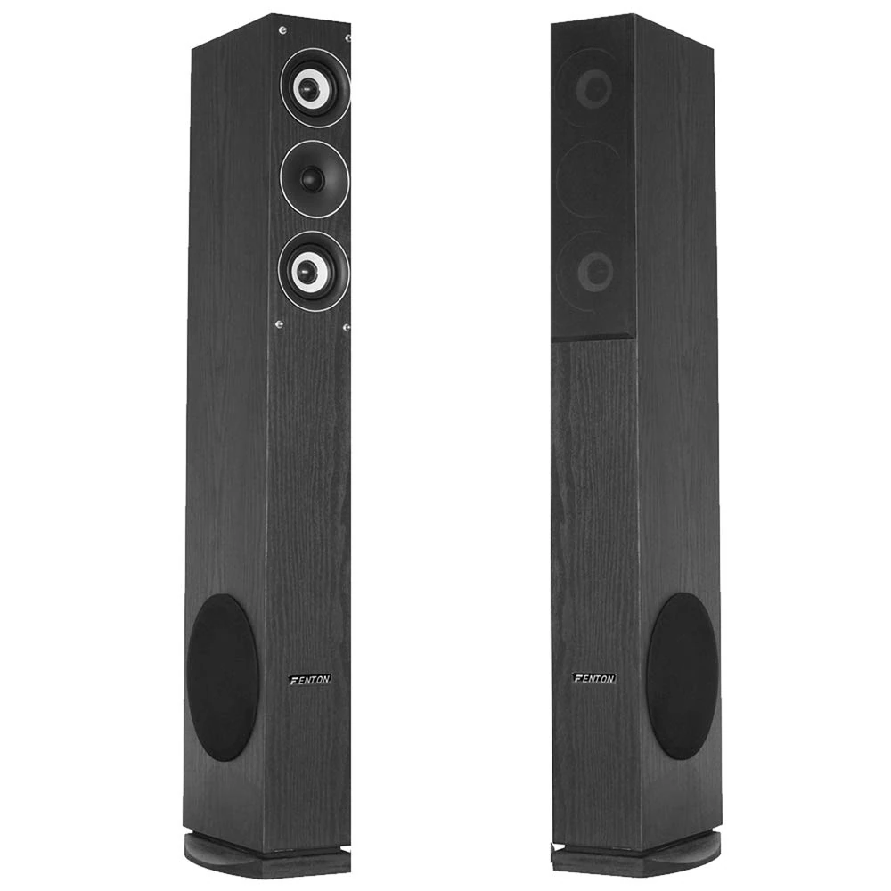 Fenton SHFT52B HiFi Tower Speakers Pair - 500W 3-Way Home Cinema Floor Standing Speakers with 6.5" Side Subwoofer, Dual Midrange, Black Finish, High Fidelity Audio