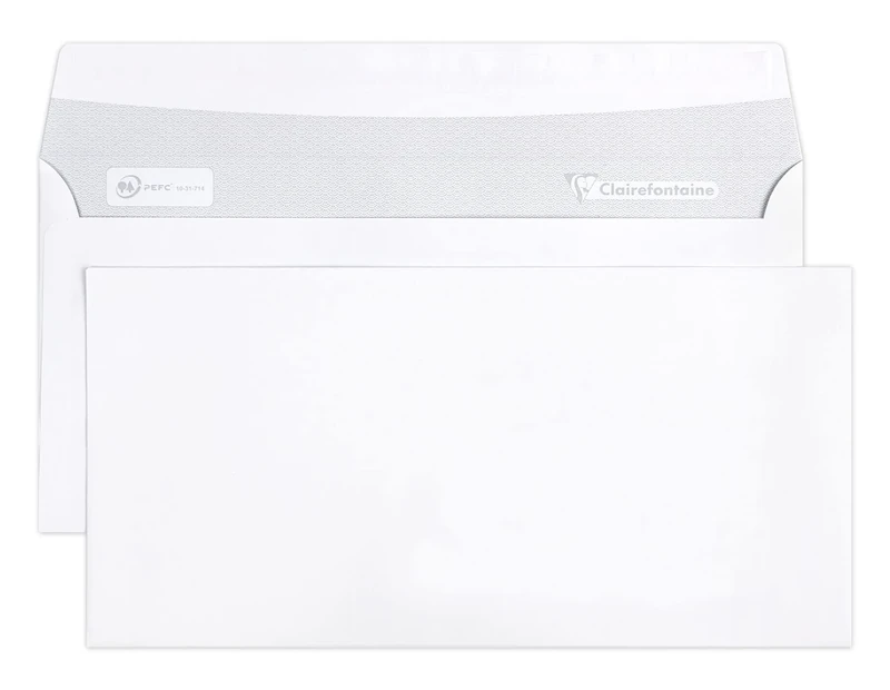 Clairefontaine 6915C - Box of 500 Envelopes - Size: DL- 110x220mm - Self-Adhesive - 90g/m² - White Colour - Correspondence - PEFC - Manufactured in France