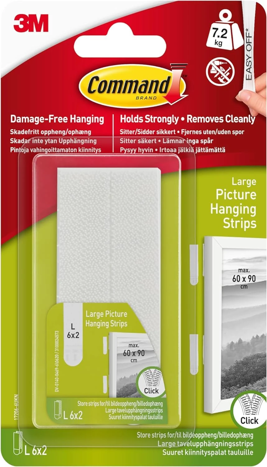 Command Large Picture Hanging Strips, White - 6 Pairs (12 Strips) Adhesive Strips - Damage Free Hanging - for Pictures, Frames and Mirrors, Wall Décor and Signs - Holds up to 7.2 kg