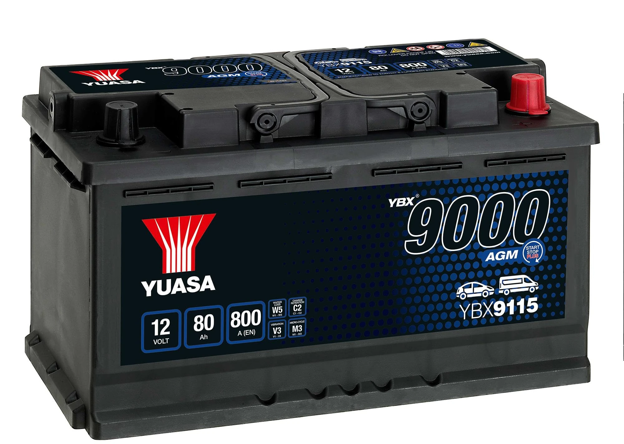 Yuasa YBX9115 12V 80Ah 800 CCA AGM Start Stop Plus Car/Vehicle Battery