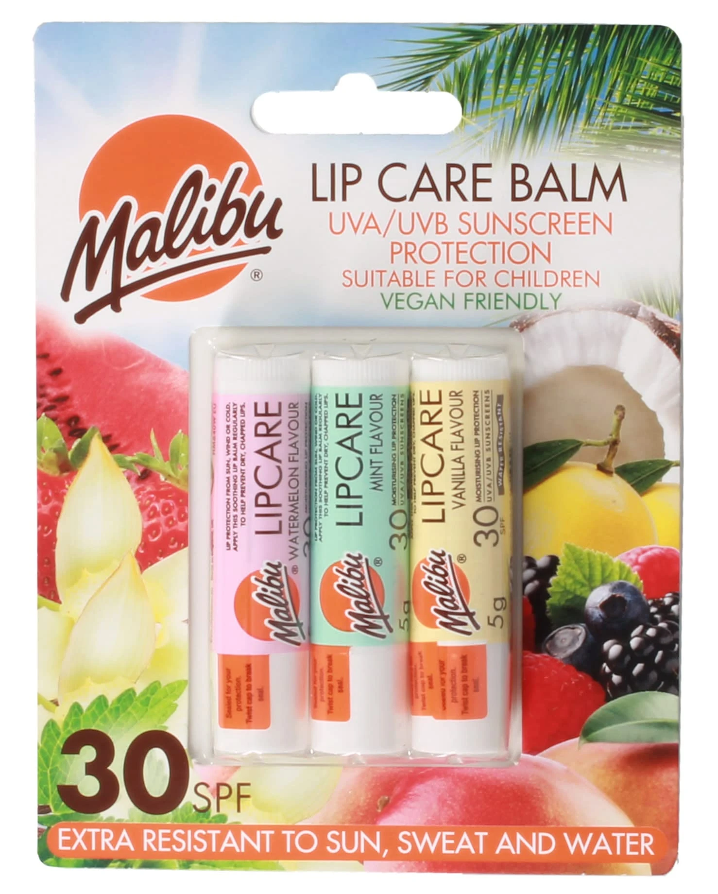 Malibu Sun SPF 30 Lip Balm Sunscreen, Watermelon, Mint and Vanilla, 3 x 5g,