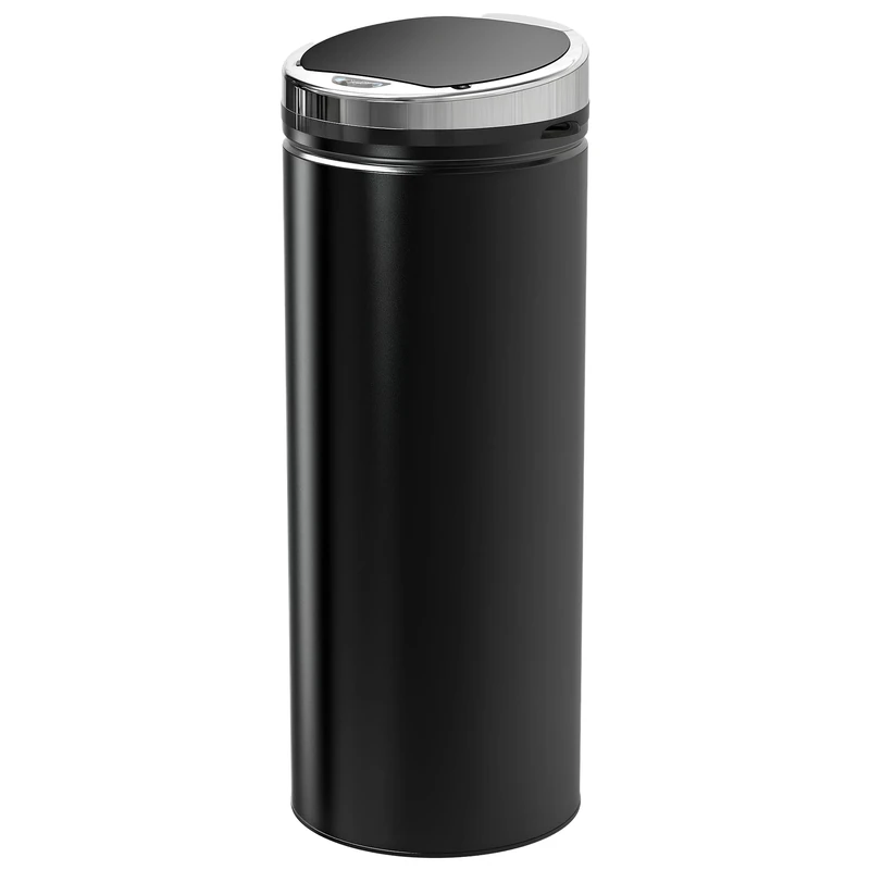 HOMCOM Motion Sensor Bin with Inner Bucket, 50L Hands-Free Touchless Kitchen Bin, Galvanised Steel Cylindrical Automatic Trash Can with Soft Close, Dustbin, Black
